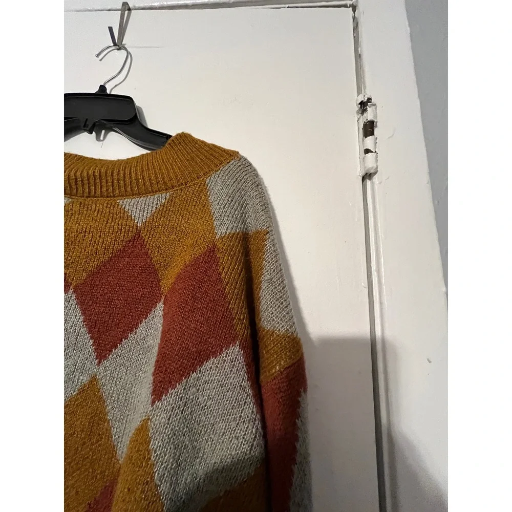 Favlux Women Argyle V-Neck Oversized Sweater Mustard Orange Grey FL19H800 L